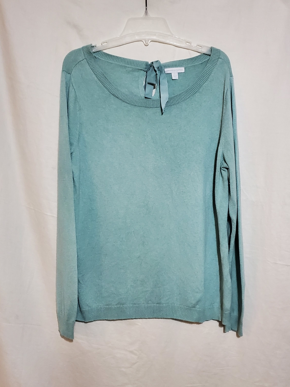 New York & Company Teal Tie-Back Long Sleeve Knit Top